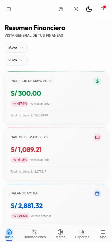 Vista del dashboard de Finanzentral con resumen financiero y gráficos